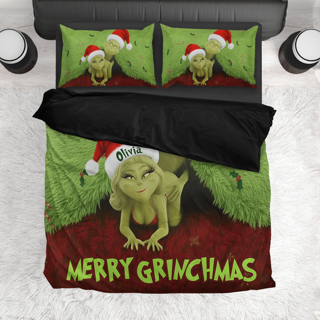 Personalized Grinch Christmas Bedding Set Custom Names Gift for Couples Bedding Set GradoCreations