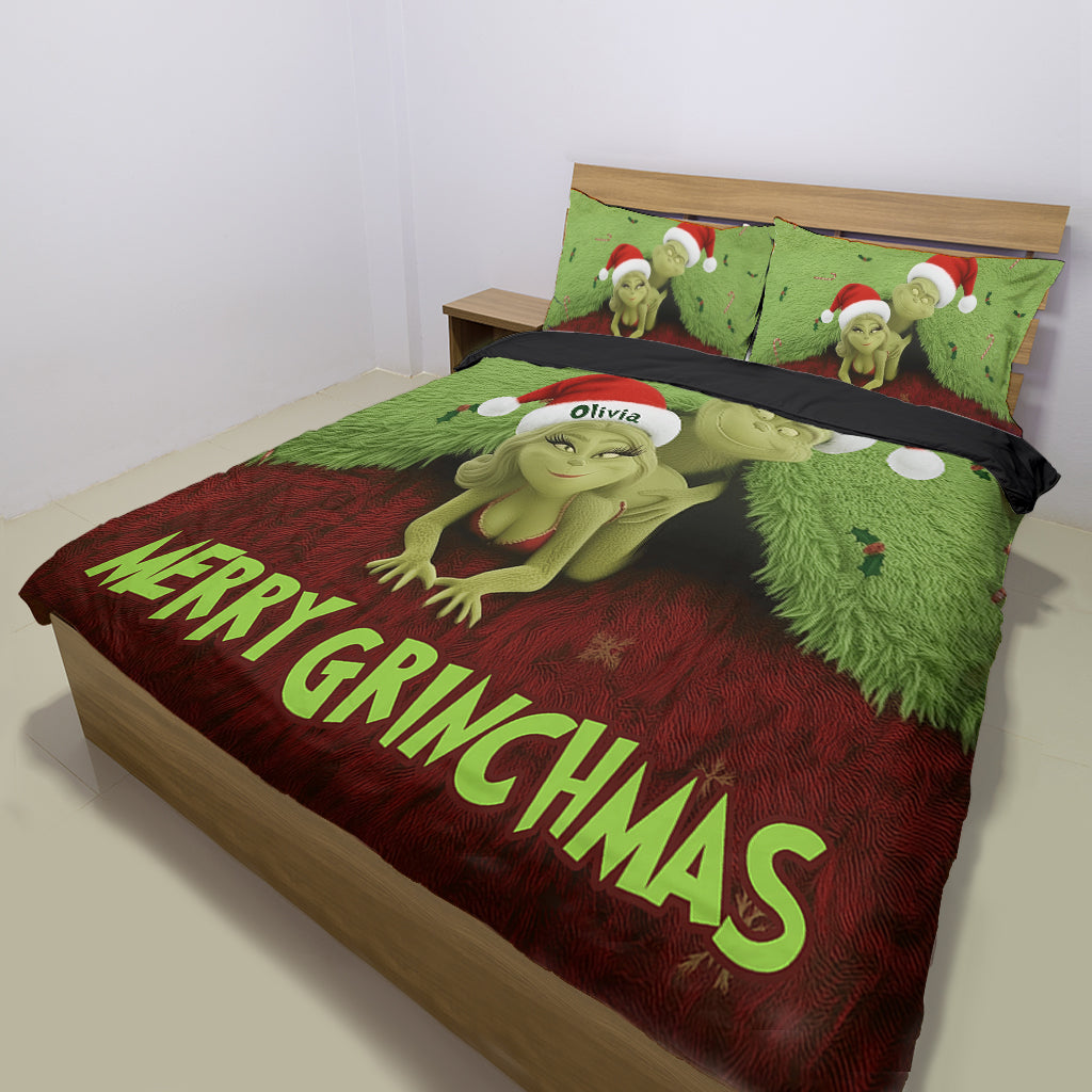 Personalized Grinch Christmas Bedding Set Custom Names Gift for Couples Bedding Set GradoCreations