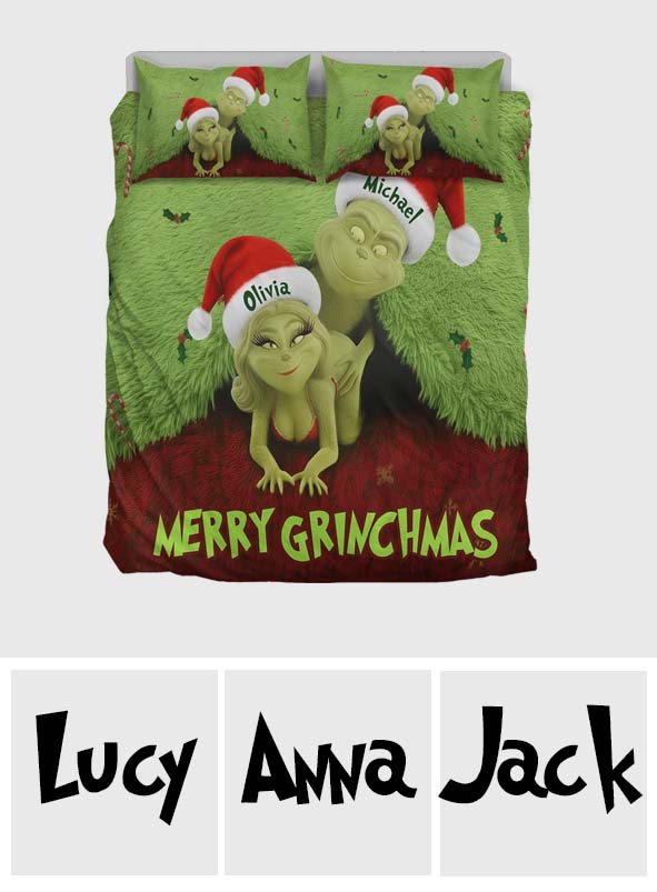 Personalized Grinch Christmas Bedding Set Custom Names Gift for Couples Bedding Set GradoCreations
