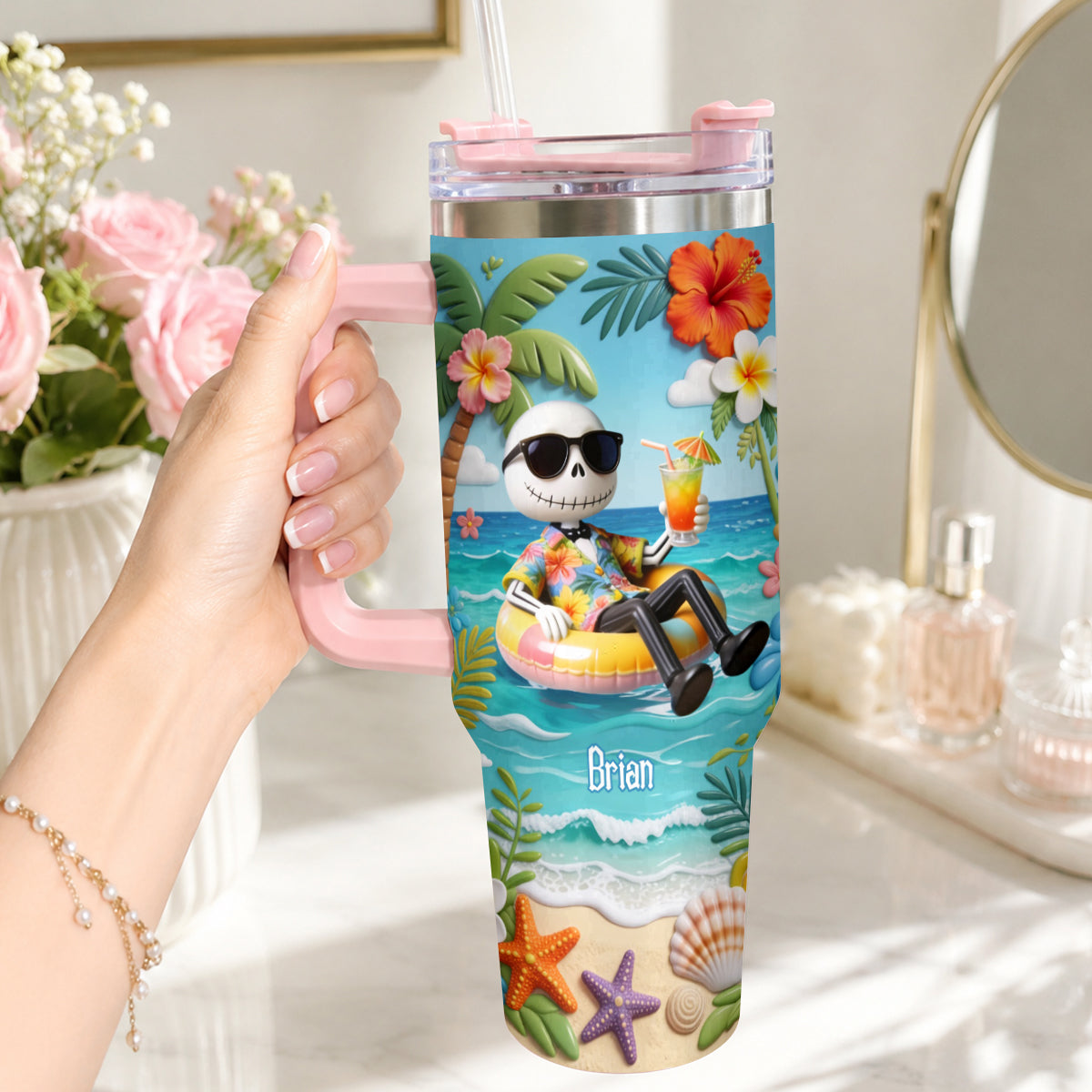 Personalized Summer Vibes Tumbler with Plush Charm Gift Idea Tumbler With Plush Charm GradoCreations