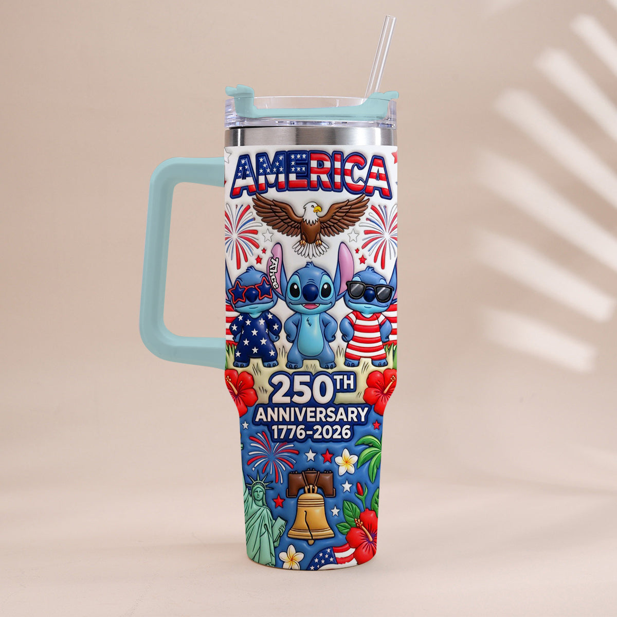 Personalized 250th Anniversary Tumbler with Handle - Cute Alien Design Tumbler With Handle GradoCreations