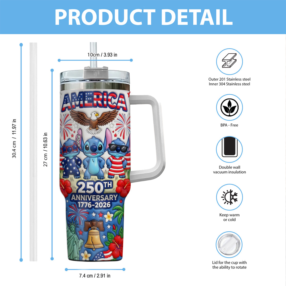 Personalized 250th Anniversary Tumbler with Handle - Cute Alien Design Tumbler With Handle GradoCreations