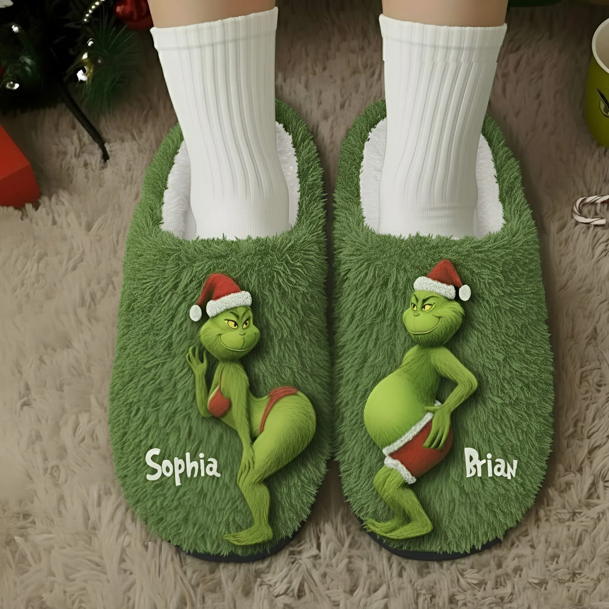 Personalized Green Monster Christmas Slippers Custom Names Gift Slippers GradoCreations