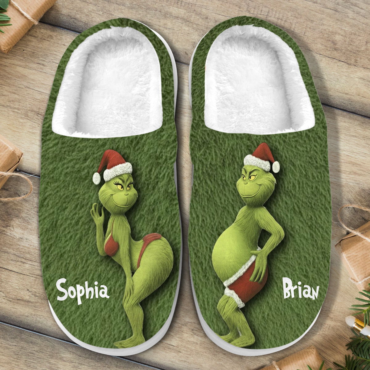 Personalized Green Monster Christmas Slippers Custom Names Gift Slippers GradoCreations