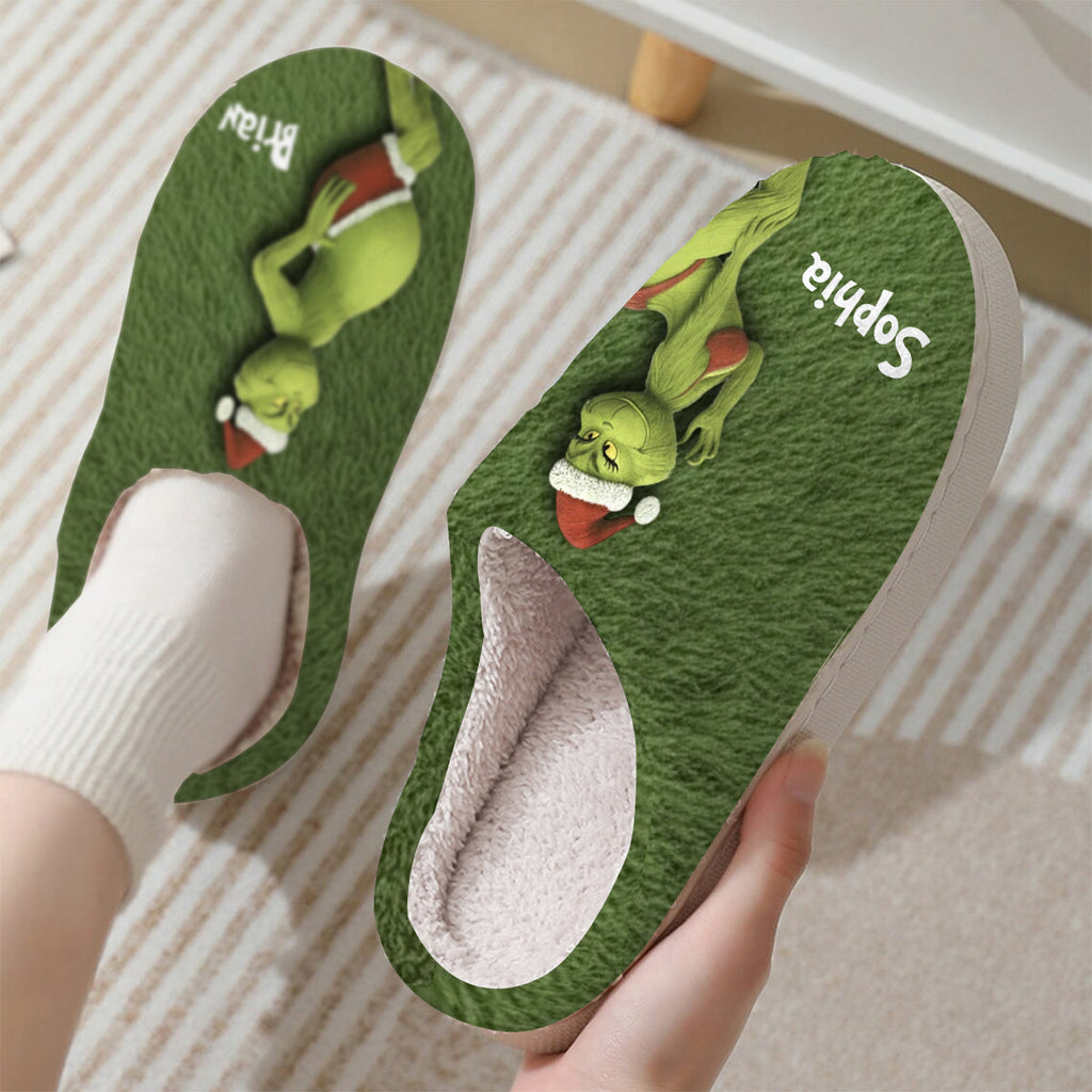 Personalized Green Monster Christmas Slippers Custom Names Gift Slippers GradoCreations