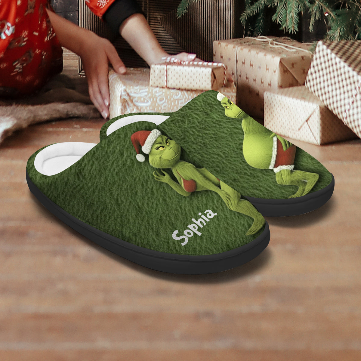 Personalized Green Monster Christmas Slippers Custom Names Gift Slippers GradoCreations