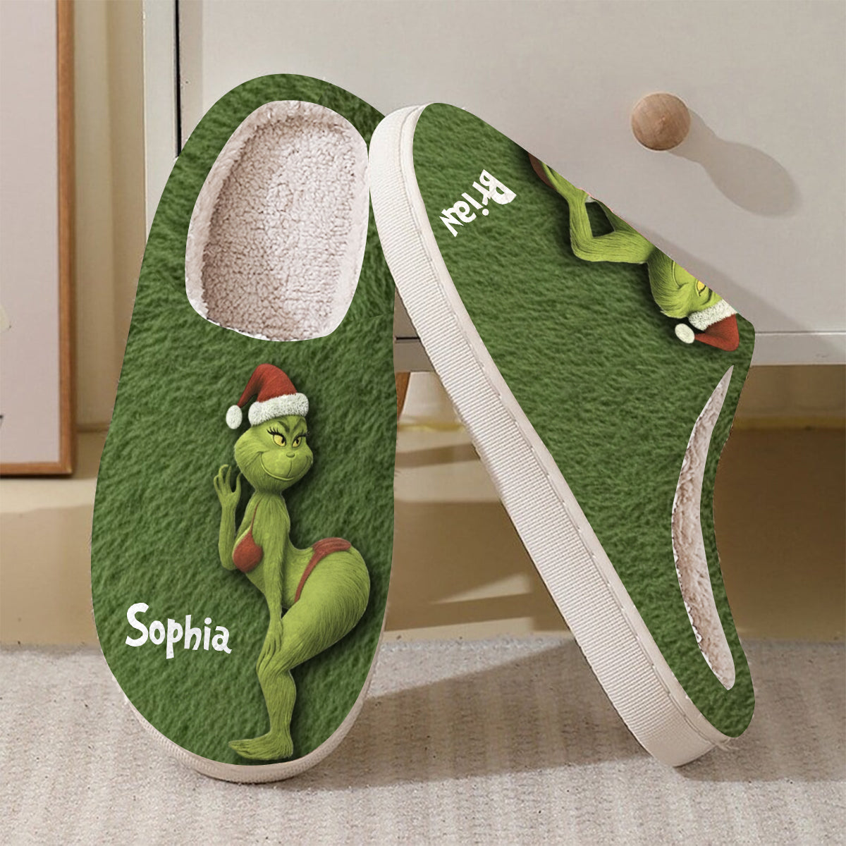 Personalized Green Monster Christmas Slippers Custom Names Gift Slippers GradoCreations