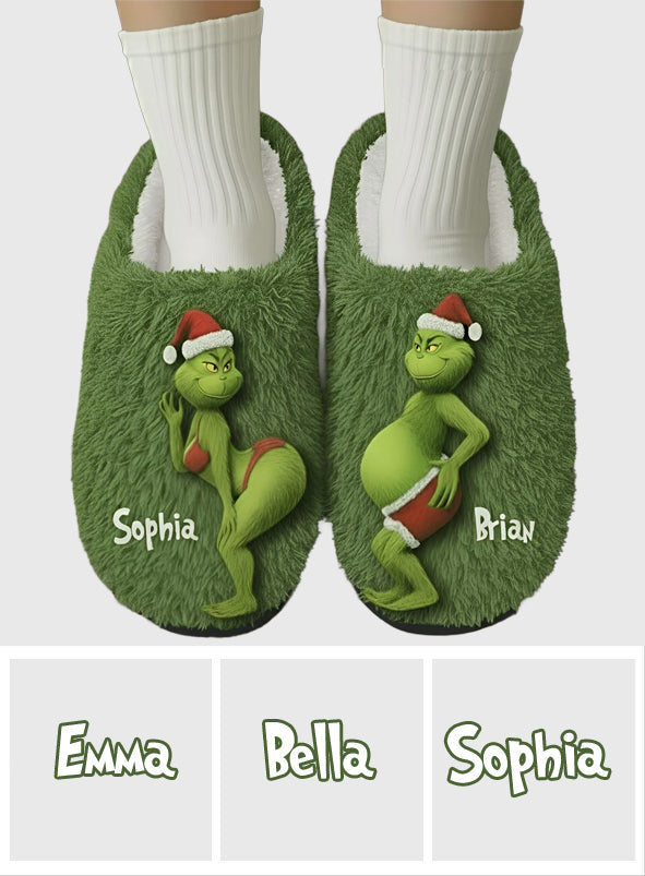 Personalized Green Monster Christmas Slippers Custom Names Gift Slippers GradoCreations