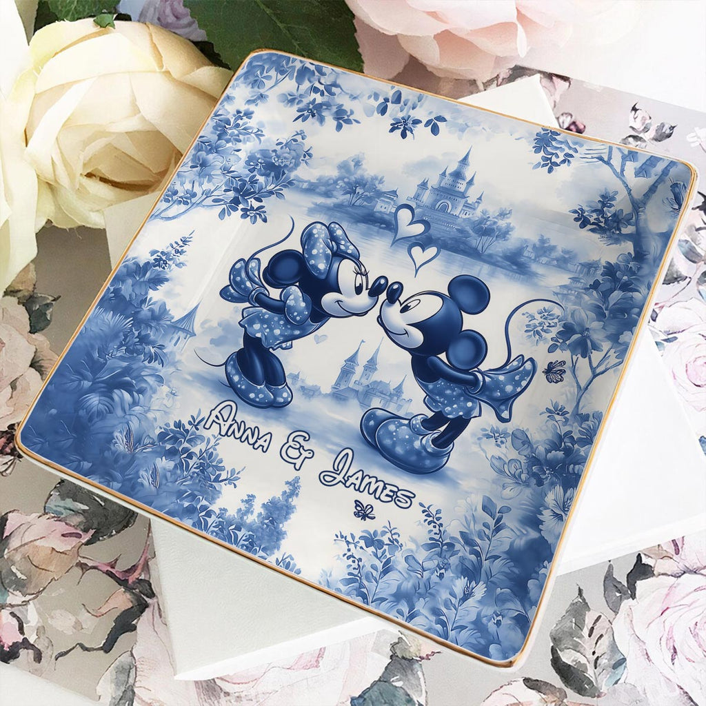 Personalized Blue & White Ceramic Mouse Couple Jewelry Dish Fully Printed Jewelry Dish GradoCreations