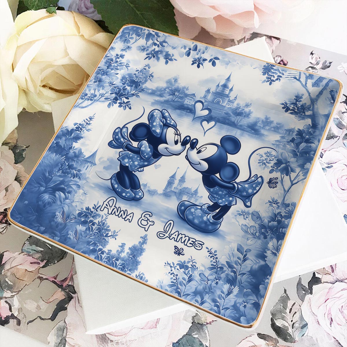 Personalized Blue & White Ceramic Mouse Couple Jewelry Dish Fully Printed Jewelry Dish GradoCreations