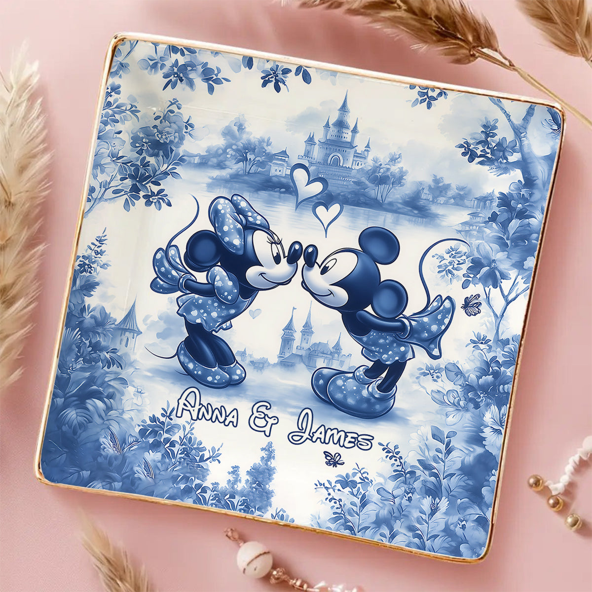 Personalized Blue & White Ceramic Mouse Couple Jewelry Dish Fully Printed Jewelry Dish GradoCreations
