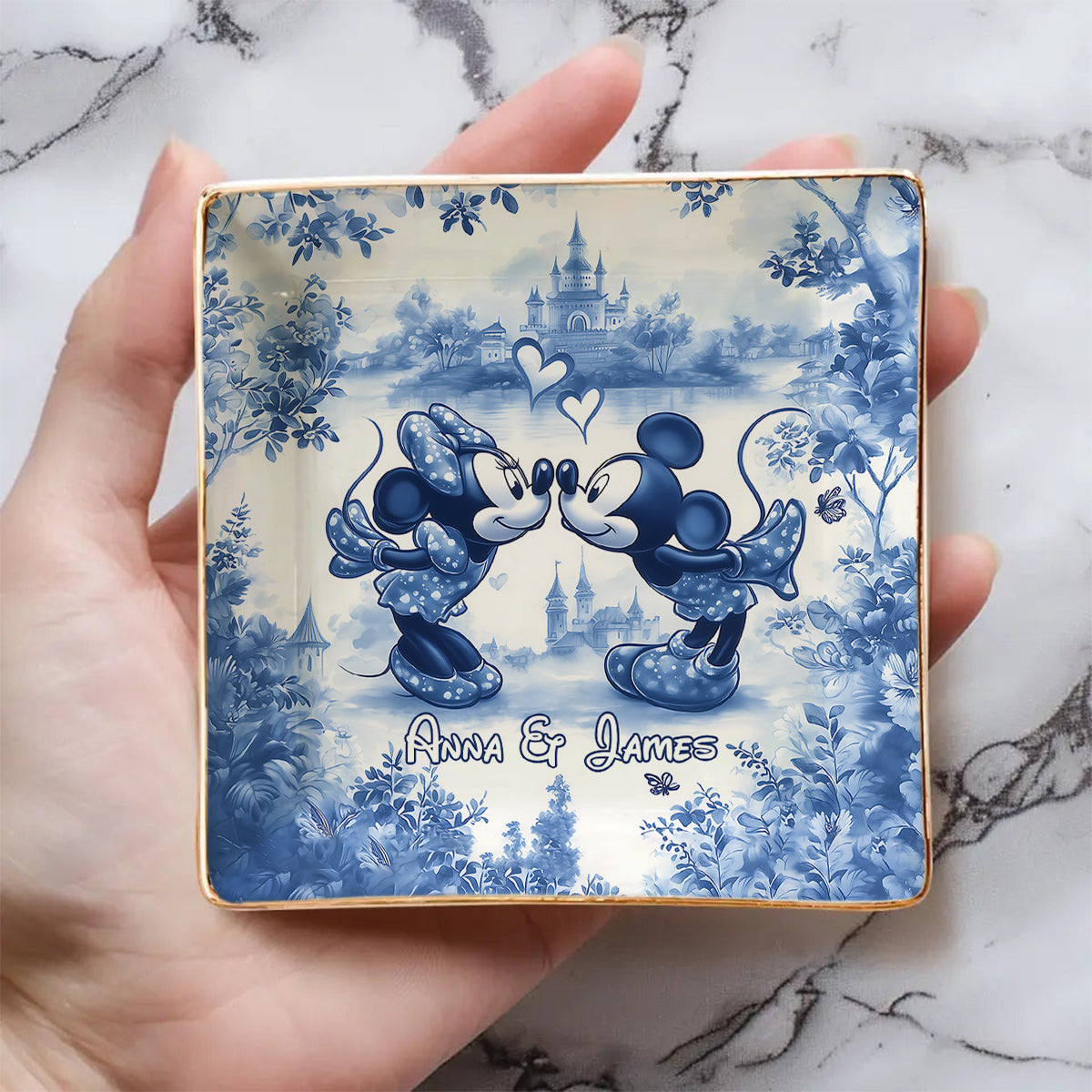 Personalized Blue & White Ceramic Mouse Couple Jewelry Dish Fully Printed Jewelry Dish GradoCreations