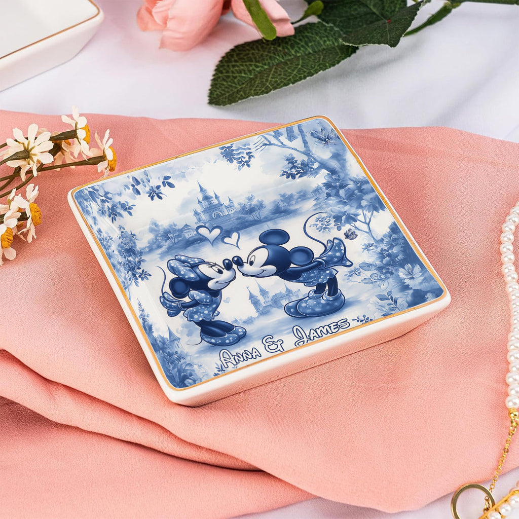 Personalized Blue & White Ceramic Mouse Couple Jewelry Dish Fully Printed Jewelry Dish GradoCreations