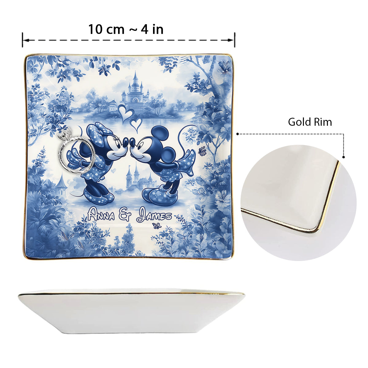 Personalized Blue & White Ceramic Mouse Couple Jewelry Dish Fully Printed Jewelry Dish GradoCreations