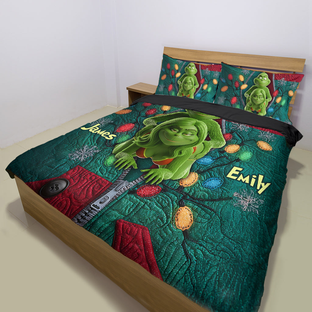 Personalized Quilted Bedding Set Grinch Theme Gift for Couples Quilted Bedding Set GradoCreations