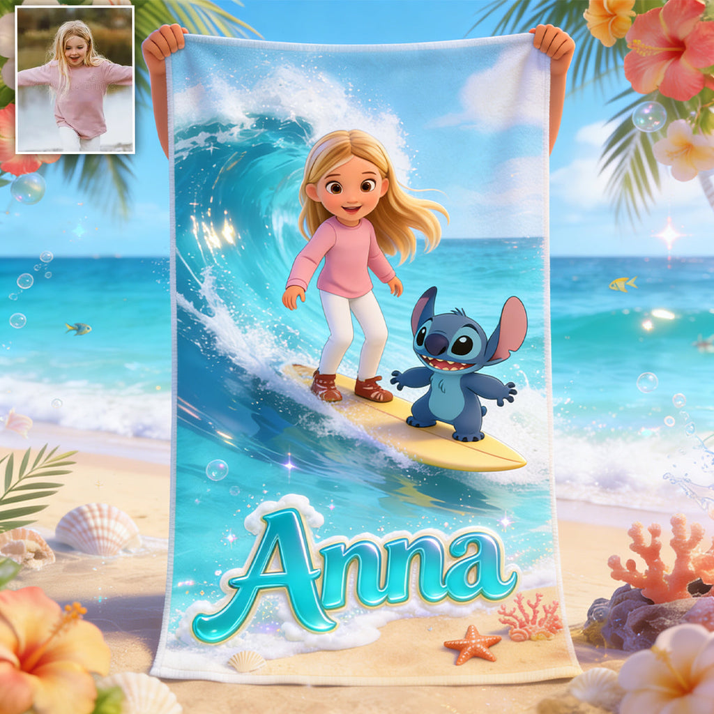Personalized Blue Alien Beach Towel Custom Name Gift for Kids