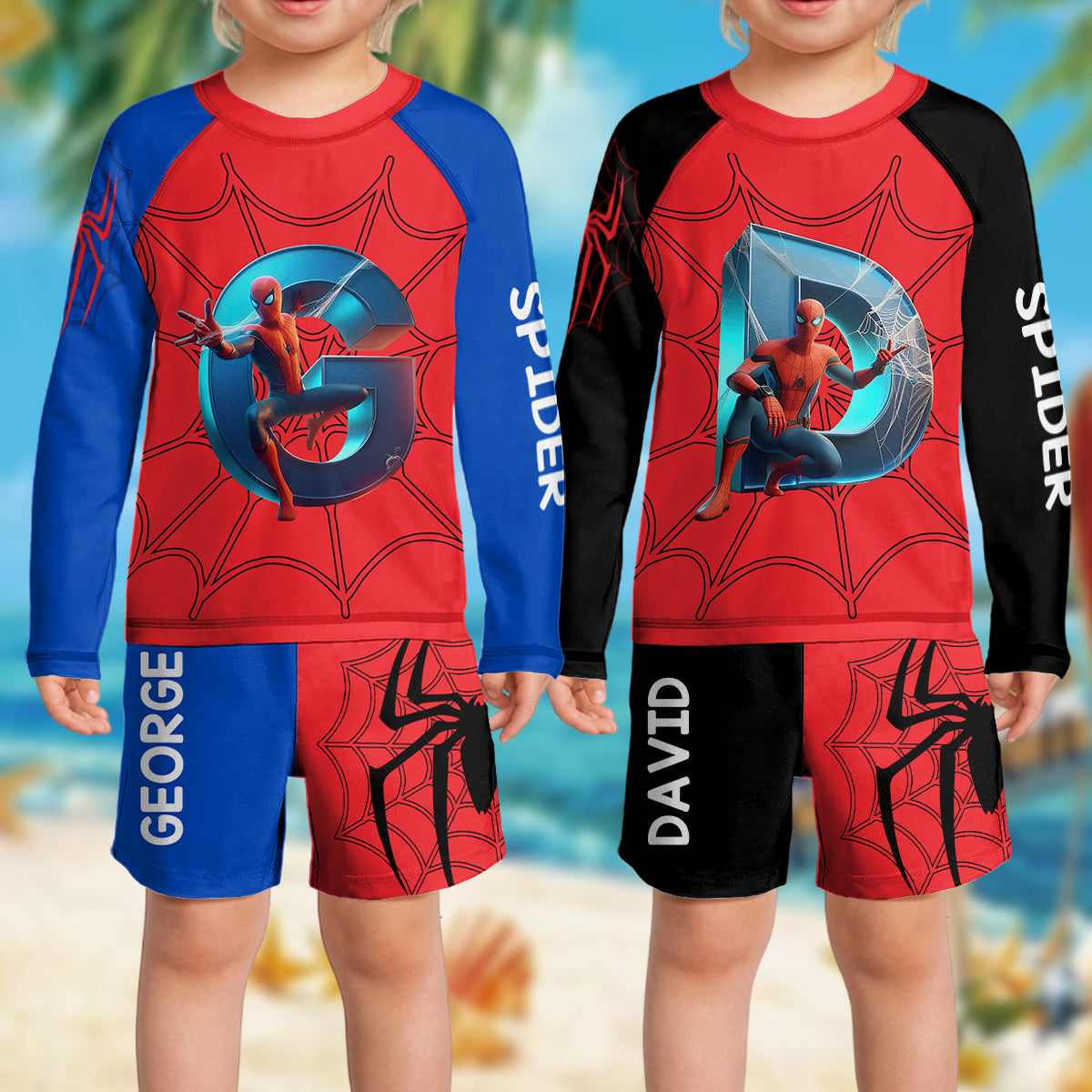 Personalized Spider Kid Rashguard Set with Swim Trunks Kid Swimsuit Trunk Rashguard Set GradoCreations