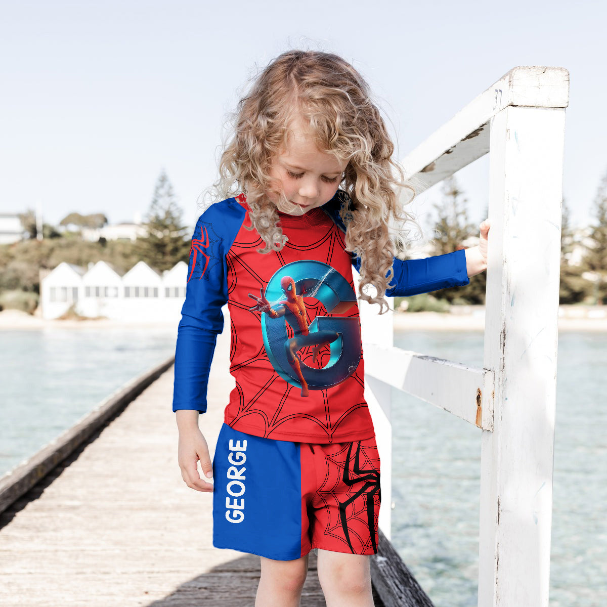 Personalized Spider Kid Rashguard Set with Swim Trunks Kid Swimsuit Trunk Rashguard Set GradoCreations
