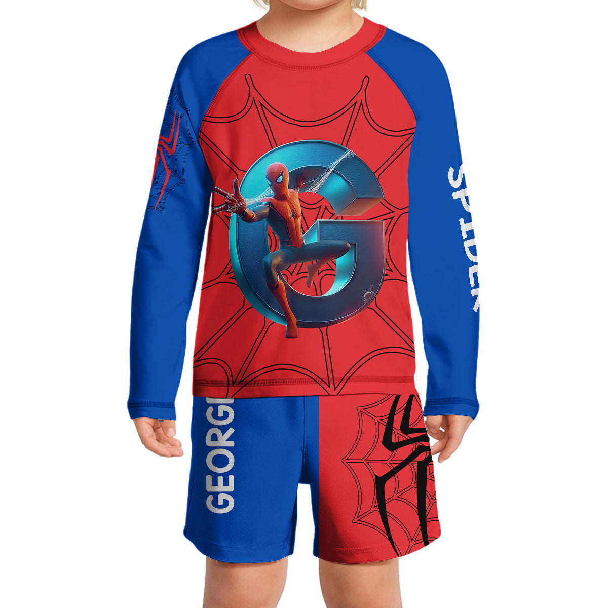 Personalized Spider Kid Rashguard Set with Swim Trunks Kid Swimsuit Trunk Rashguard Set GradoCreations
