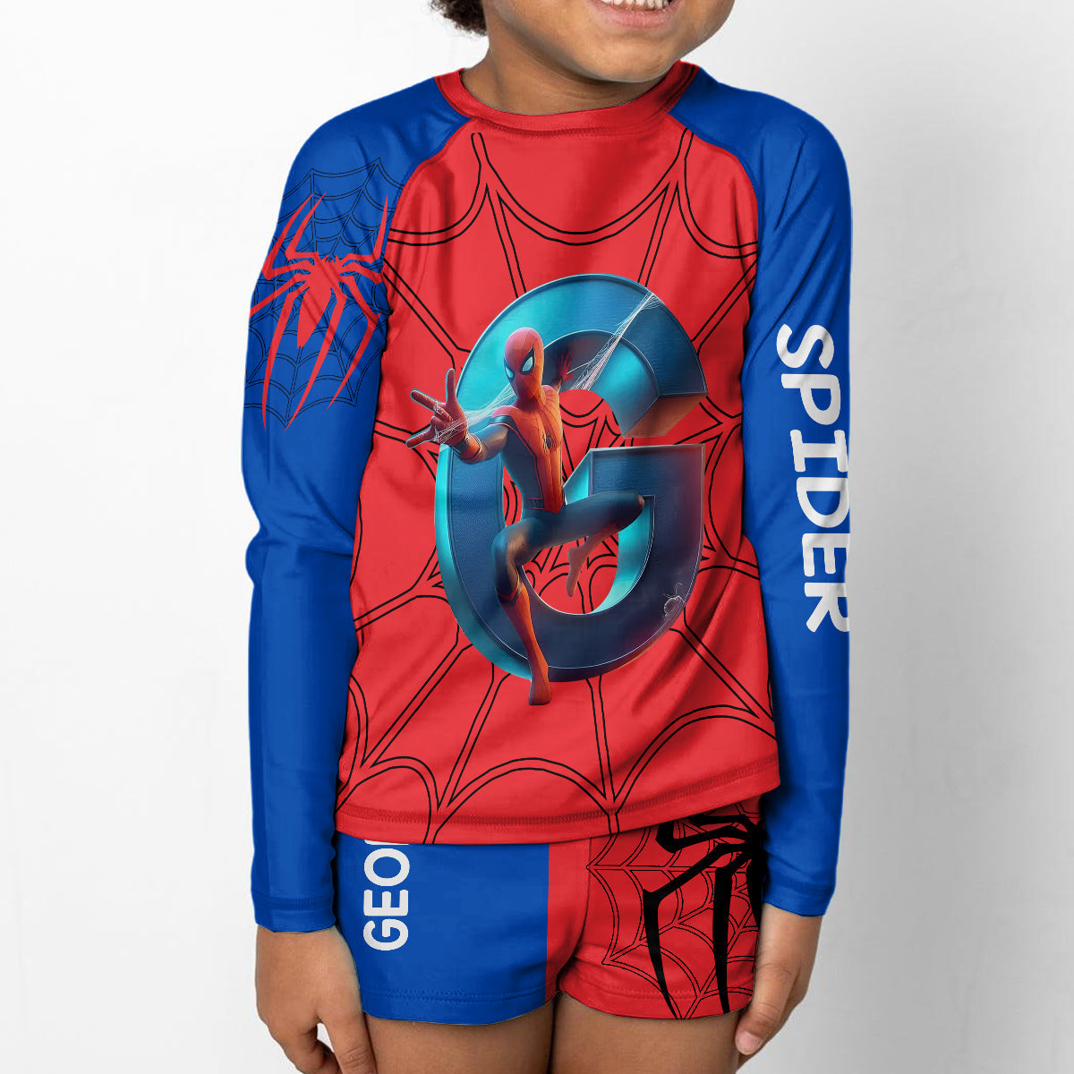 Personalized Spider Kid Rashguard Set with Swim Trunks Kid Swimsuit Trunk Rashguard Set GradoCreations