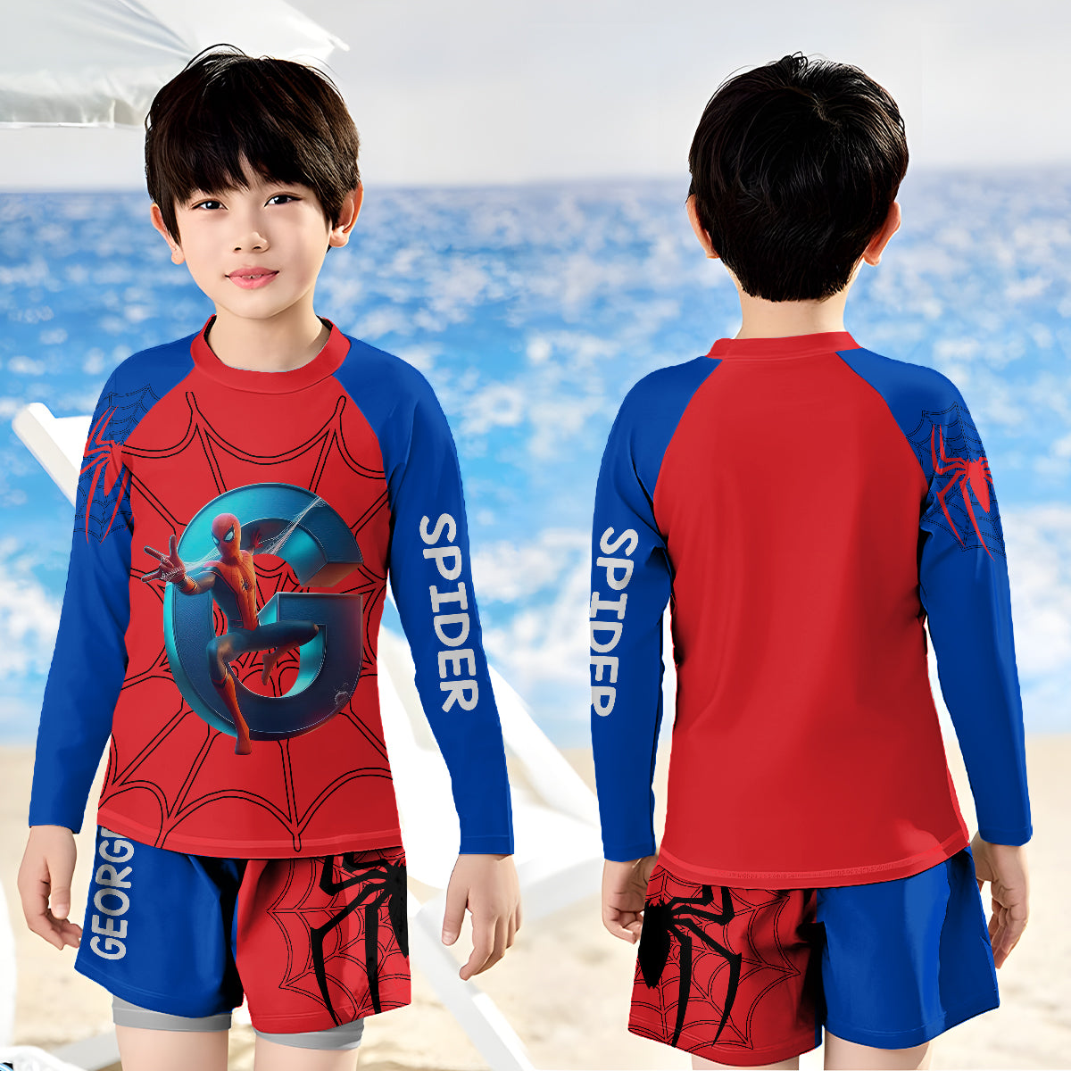 Personalized Spider Kid Rashguard Set with Swim Trunks Kid Swimsuit Trunk Rashguard Set GradoCreations