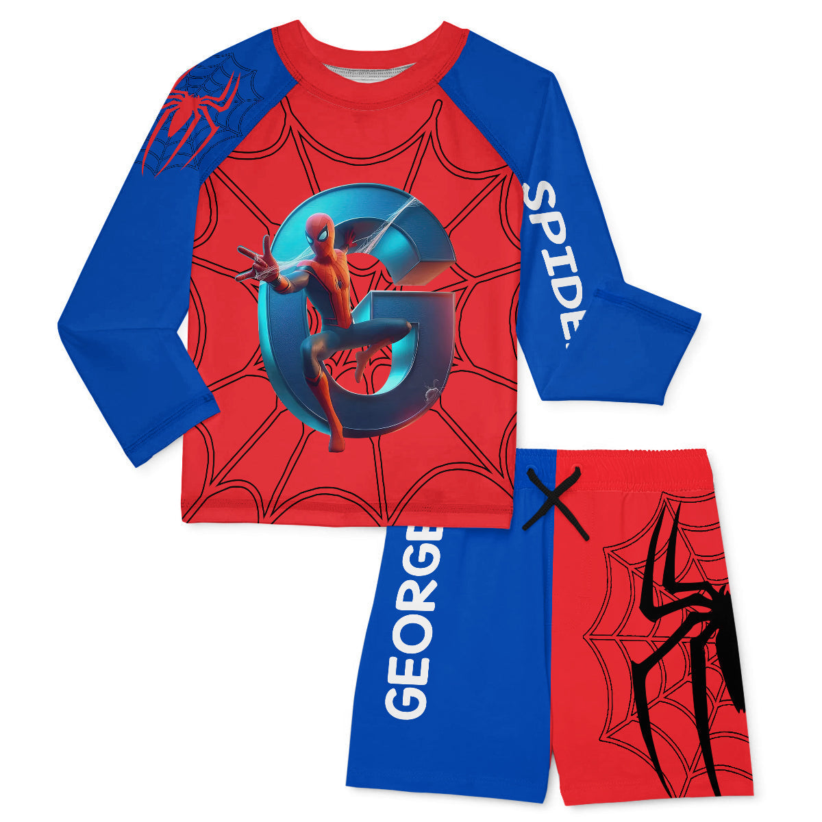 Personalized Spider Kid Rashguard Set with Swim Trunks Kid Swimsuit Trunk Rashguard Set GradoCreations