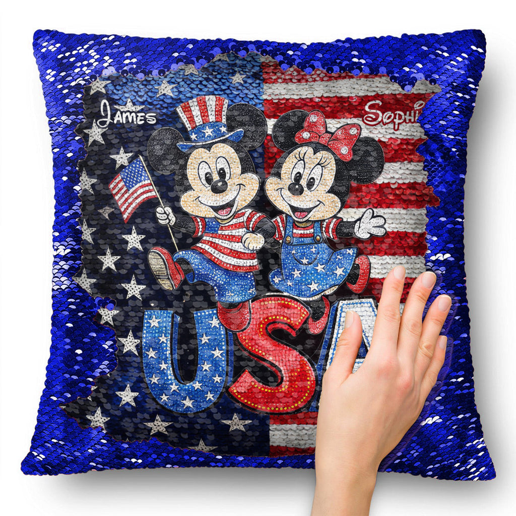 Personalized Sequin Pillow Cover USA Theme for Couples - Custom Name Gift Sequin Pillow Cover GradoCreations