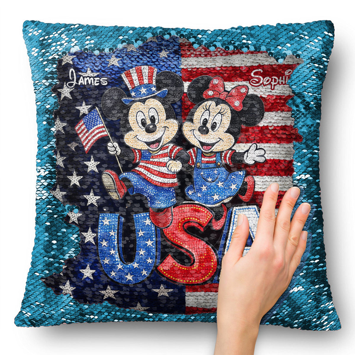 Personalized Sequin Pillow Cover USA Theme for Couples - Custom Name Gift Sequin Pillow Cover GradoCreations