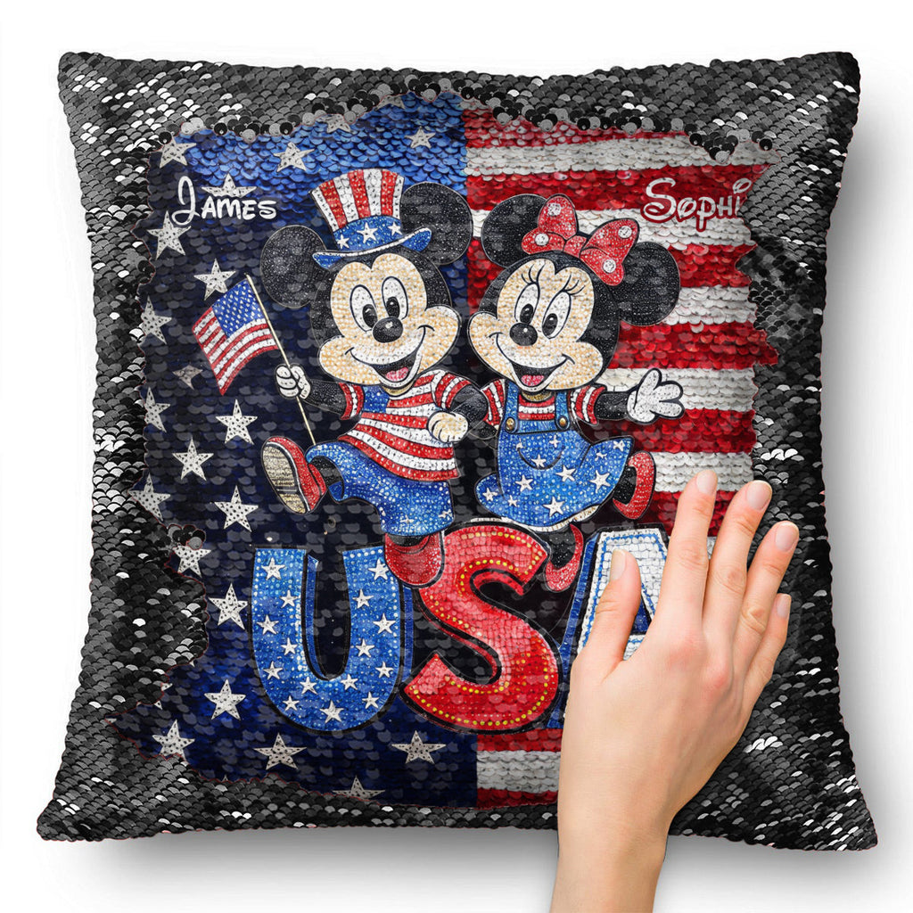 Personalized Sequin Pillow Cover USA Theme for Couples - Custom Name Gift Sequin Pillow Cover GradoCreations
