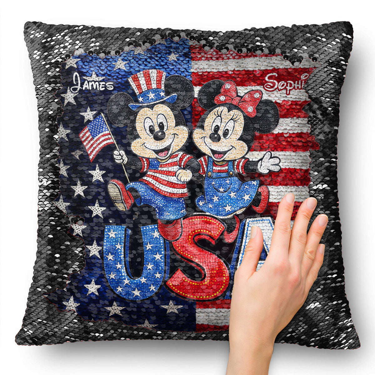 Personalized Sequin Pillow Cover USA Theme for Couples - Custom Name Gift Sequin Pillow Cover GradoCreations