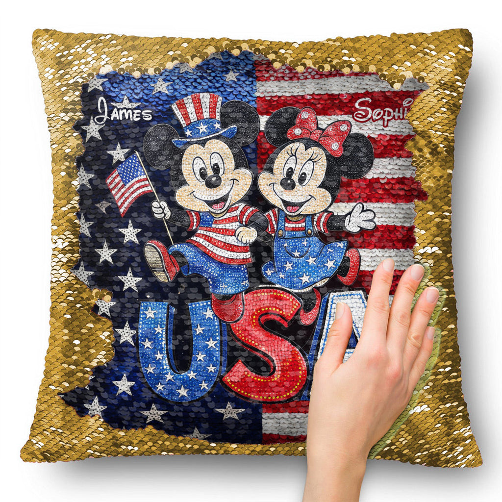 Personalized Sequin Pillow Cover USA Theme for Couples - Custom Name Gift Sequin Pillow Cover GradoCreations