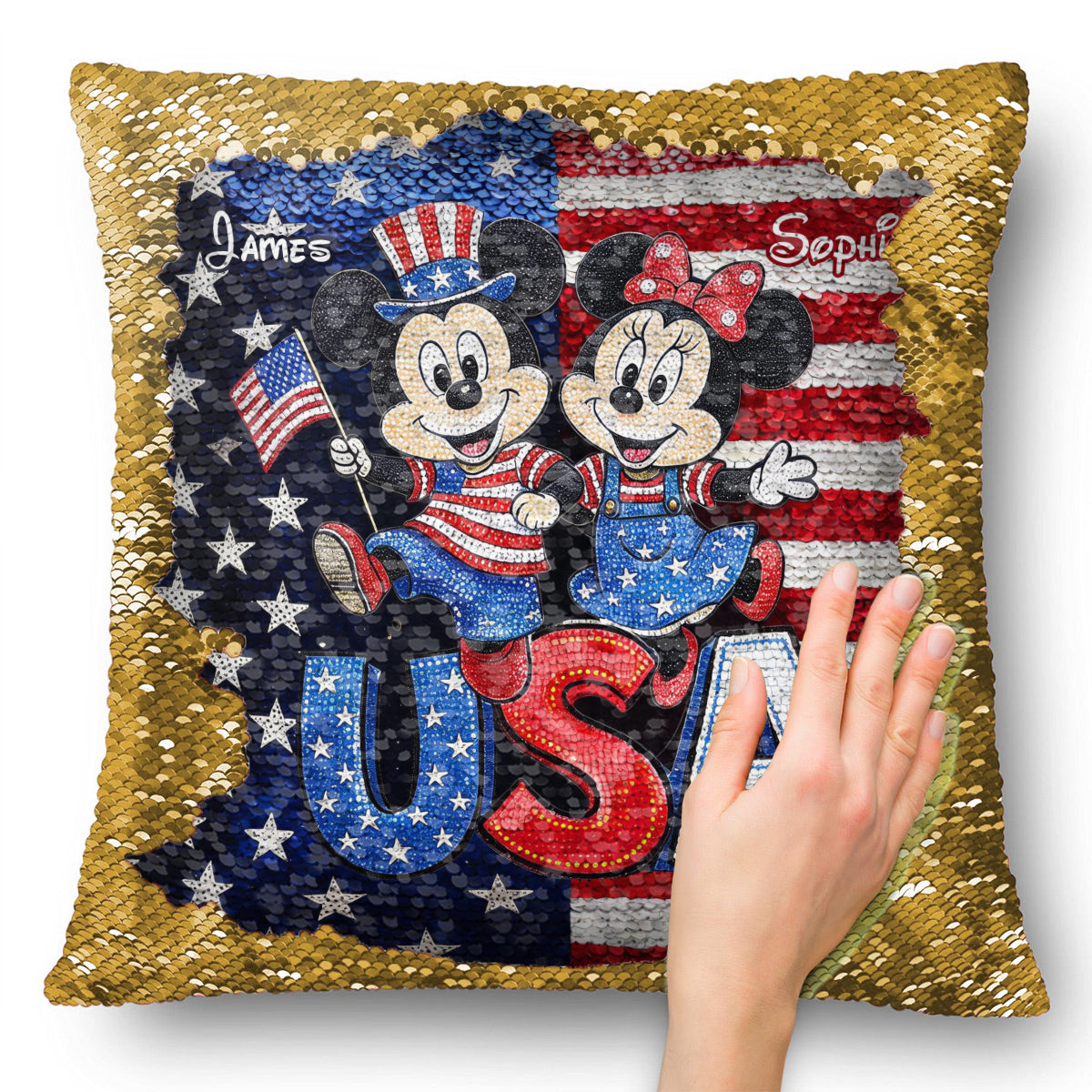 Personalized Sequin Pillow Cover USA Theme for Couples - Custom Name Gift Sequin Pillow Cover GradoCreations