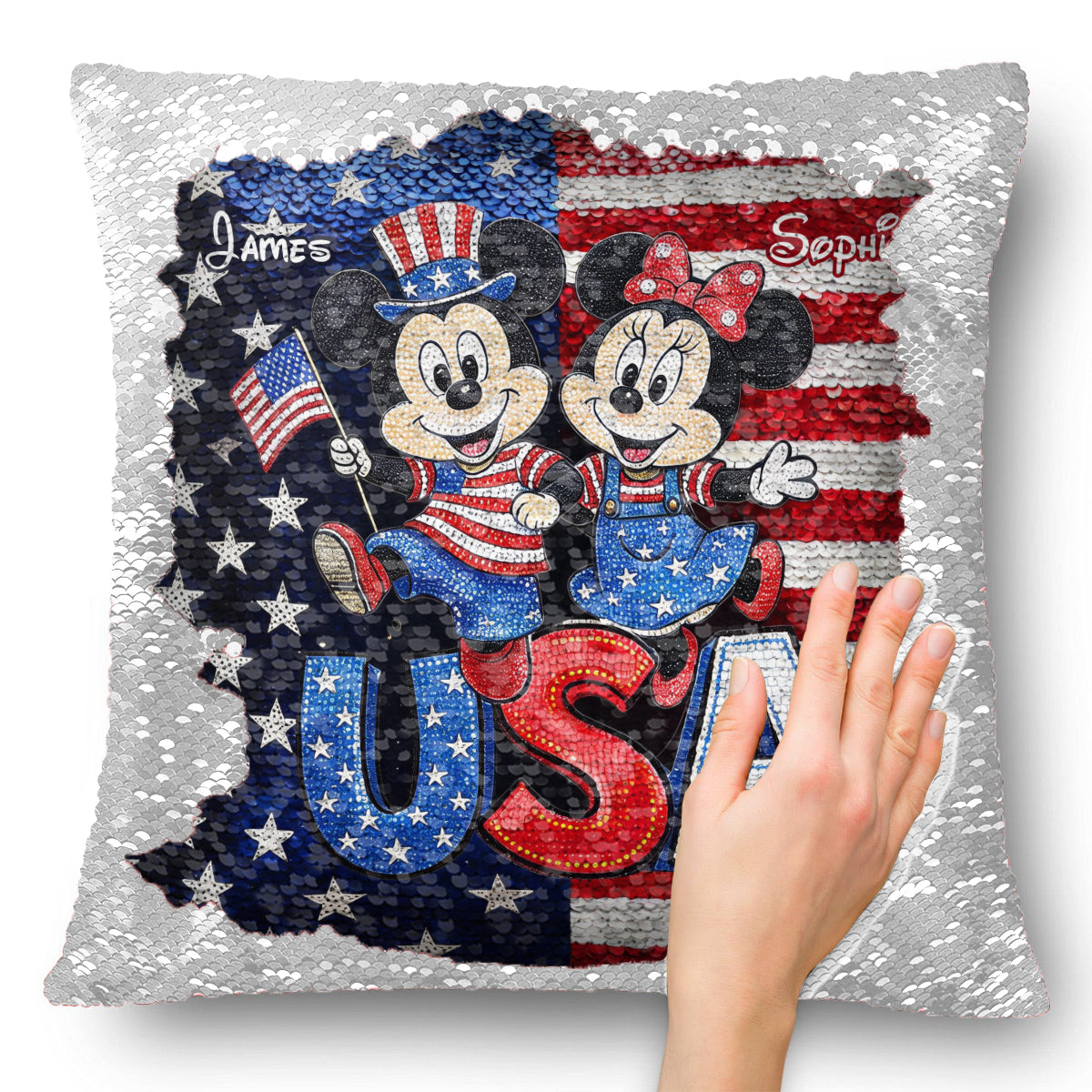 Personalized Sequin Pillow Cover USA Theme for Couples - Custom Name Gift Sequin Pillow Cover GradoCreations