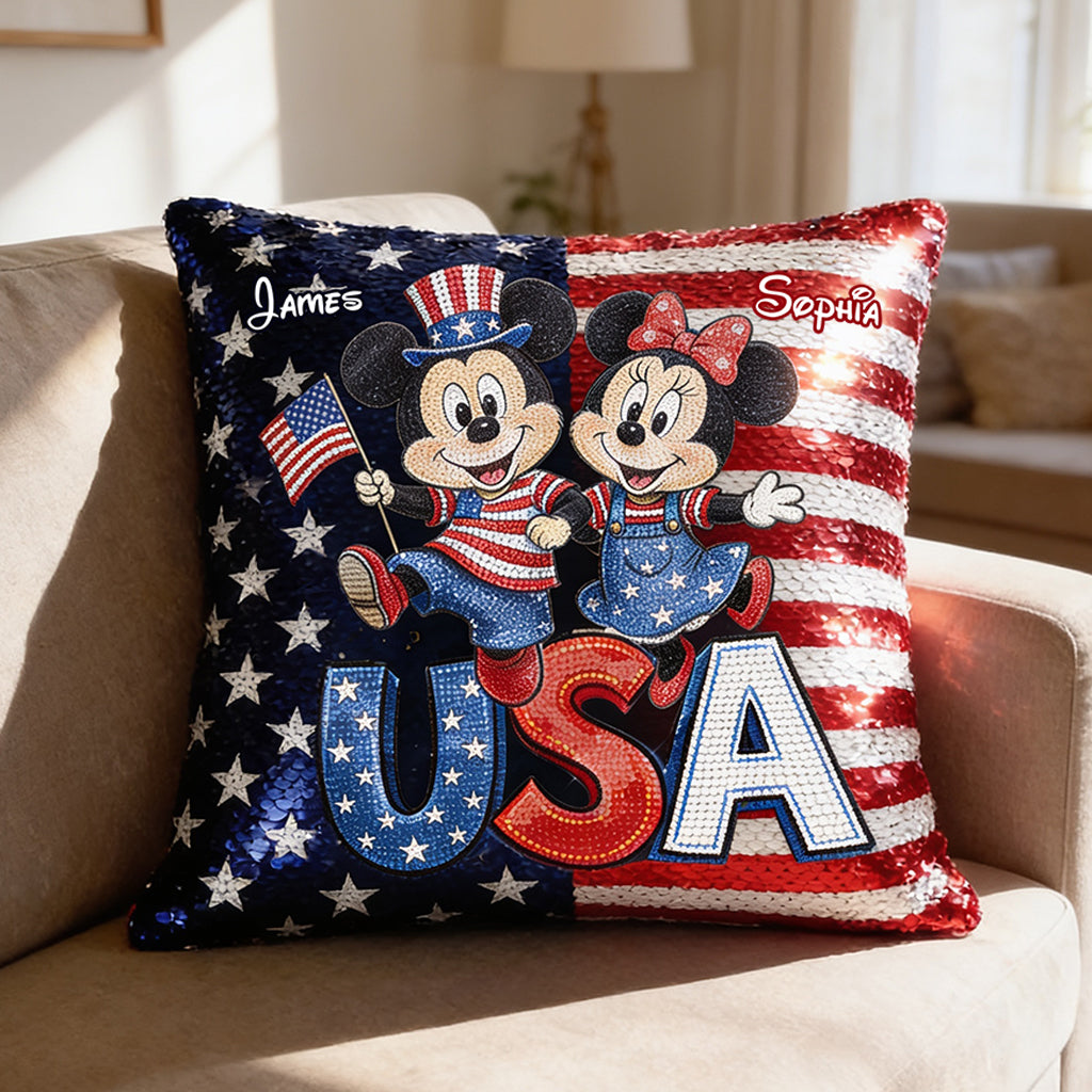 Personalized Sequin Pillow Cover USA Theme for Couples - Custom Name Gift Sequin Pillow Cover GradoCreations