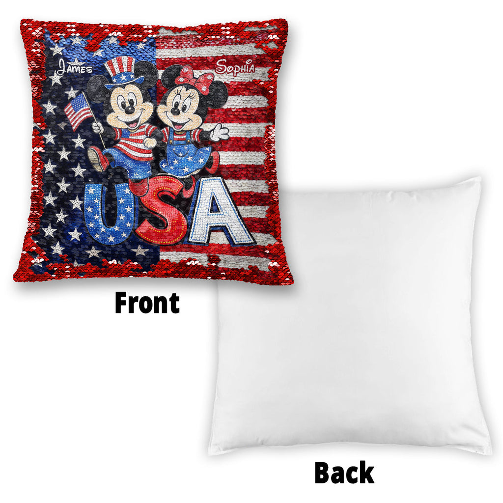 Personalized Sequin Pillow Cover USA Theme for Couples - Custom Name Gift Sequin Pillow Cover GradoCreations