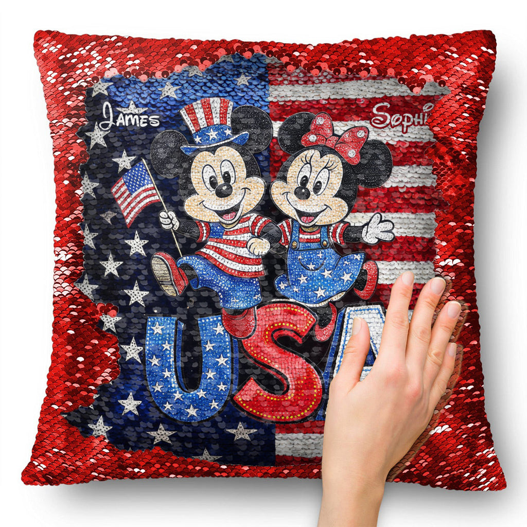 Personalized Sequin Pillow Cover USA Theme for Couples - Custom Name Gift Sequin Pillow Cover GradoCreations