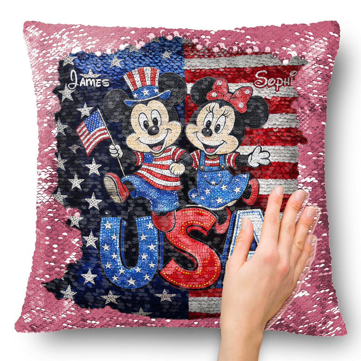 Personalized Sequin Pillow Cover USA Theme for Couples - Custom Name Gift Sequin Pillow Cover GradoCreations