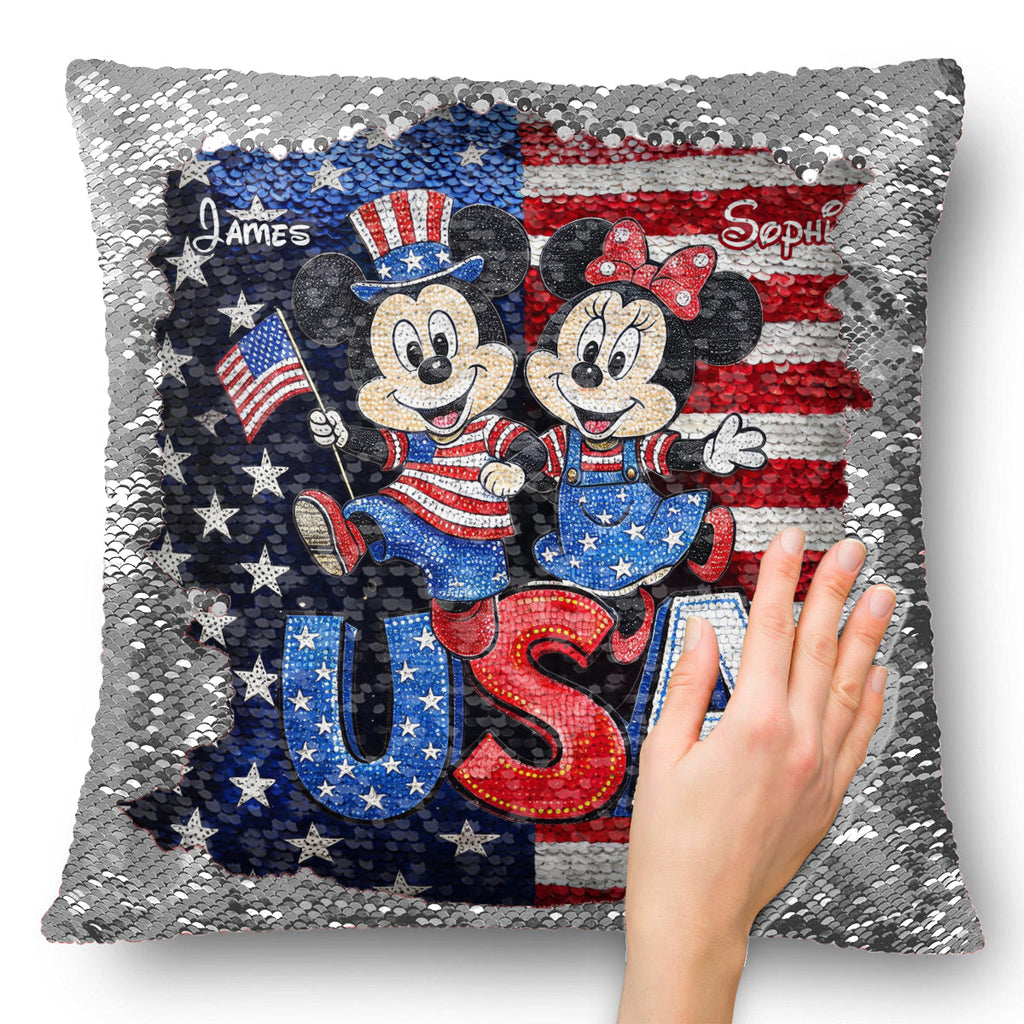 Personalized Sequin Pillow Cover USA Theme for Couples - Custom Name Gift Sequin Pillow Cover GradoCreations