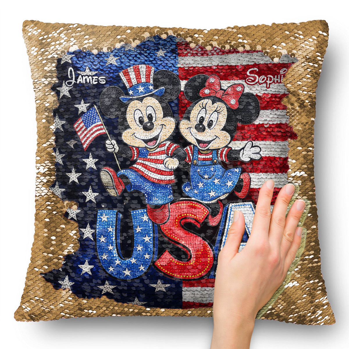 Personalized Sequin Pillow Cover USA Theme for Couples - Custom Name Gift Sequin Pillow Cover GradoCreations