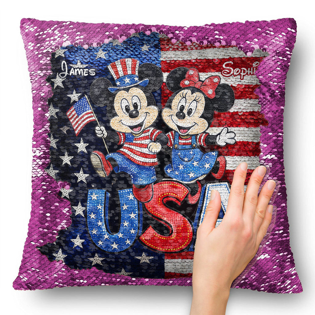 Personalized Sequin Pillow Cover USA Theme for Couples - Custom Name Gift Sequin Pillow Cover GradoCreations