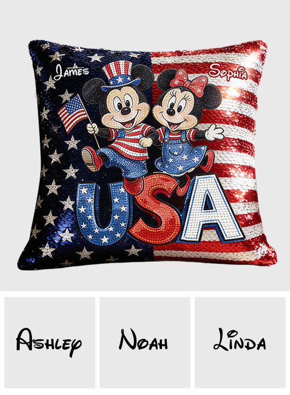 Personalized Sequin Pillow Cover USA Theme for Couples - Custom Name Gift Sequin Pillow Cover GradoCreations