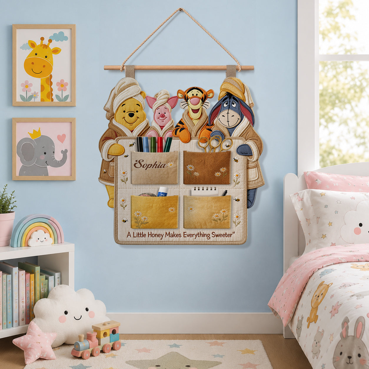 Personalized Hanging Organizer with Disney Characters - Yellow Bear Storage Solution Hanging Organizer GradoCreations