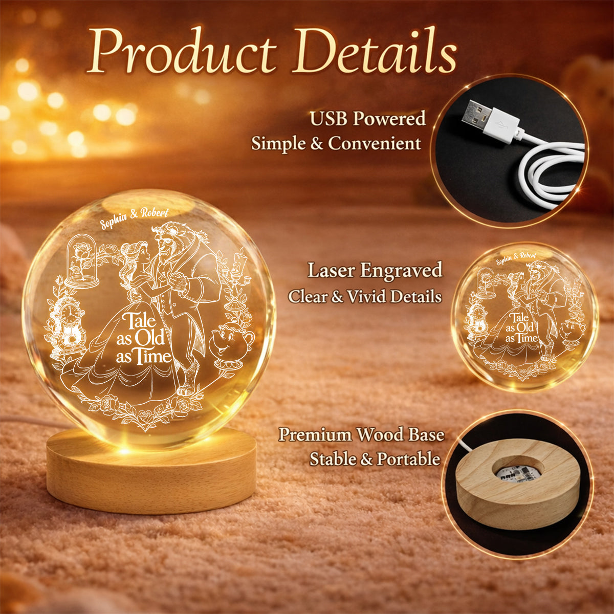 Personalized Beauty and The Beast Crystal Ball Night Light Gift for Couples Crystal Ball Night Light GradoCreations