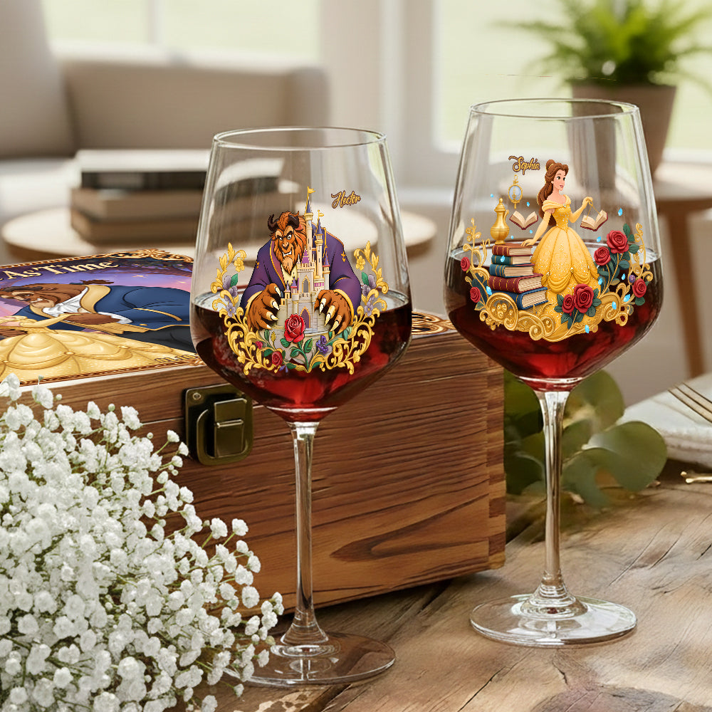 Personalized Beauty and the Beast Wine Glass Set with Wooden Box Gift for Couple Wine Glasses Set With Wooden Box GradoCreations