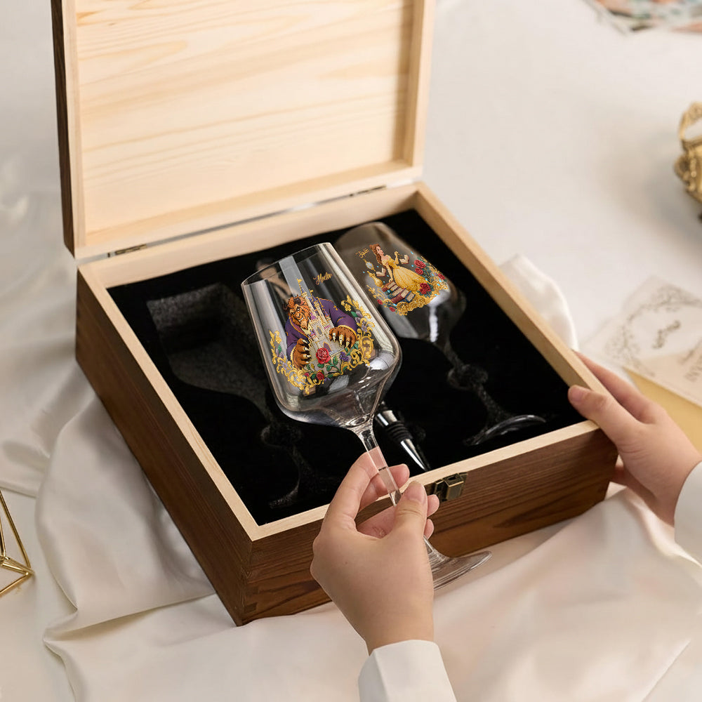 Personalized Beauty and the Beast Wine Glass Set with Wooden Box Gift for Couple Wine Glasses Set With Wooden Box GradoCreations