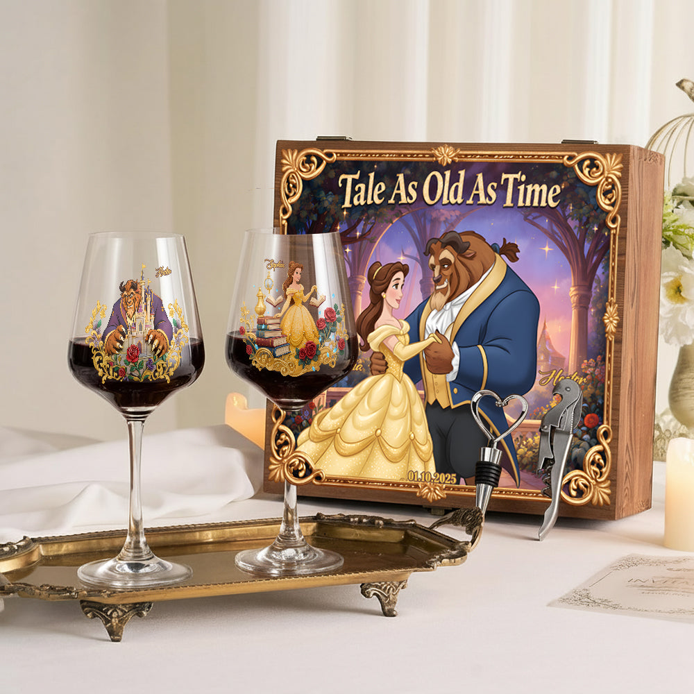 Personalized Beauty and the Beast Wine Glass Set with Wooden Box Gift for Couple Wine Glasses Set With Wooden Box GradoCreations