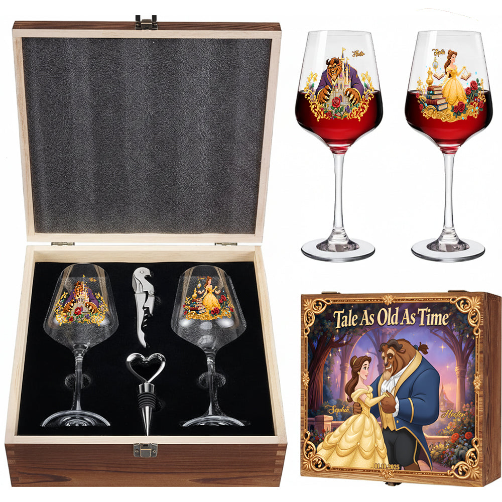Personalized Beauty and the Beast Wine Glass Set with Wooden Box Gift for Couple Wine Glasses Set With Wooden Box GradoCreations
