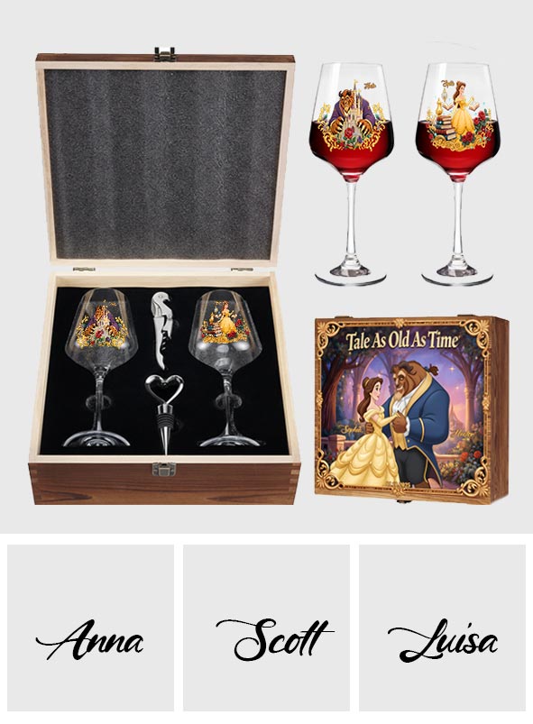 Personalized Beauty and the Beast Wine Glass Set with Wooden Box Gift for Couple Wine Glasses Set With Wooden Box GradoCreations