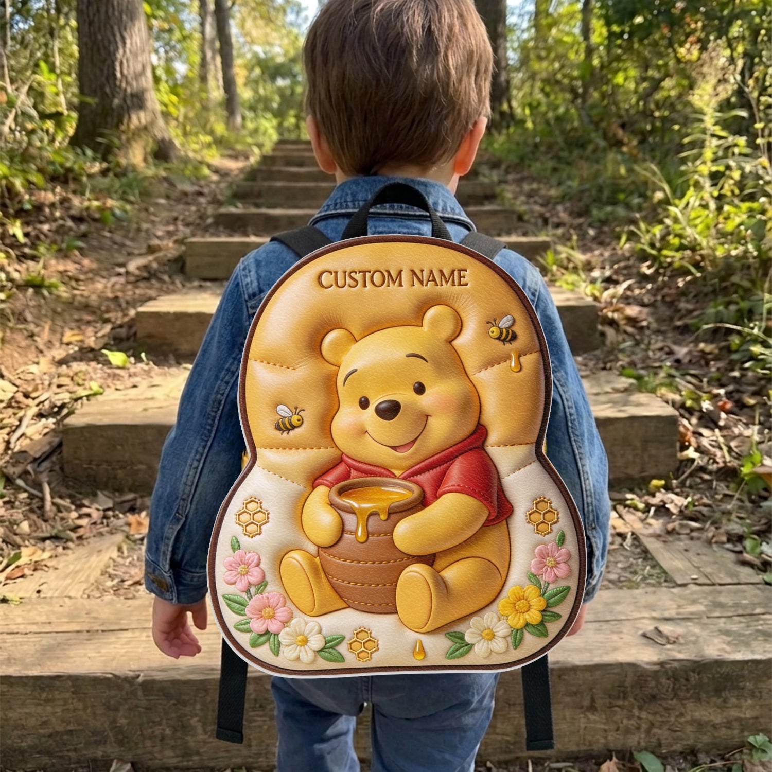 Personalized Yellow Bear Leather Patch Backpack for Kids Changeable Leather Patch Backpack GradoCreations