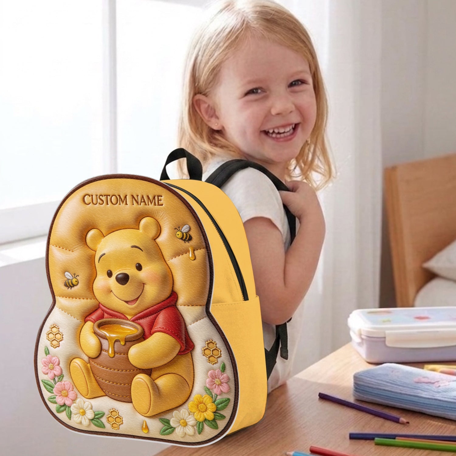 Personalized Yellow Bear Leather Patch Backpack for Kids Changeable Leather Patch Backpack GradoCreations